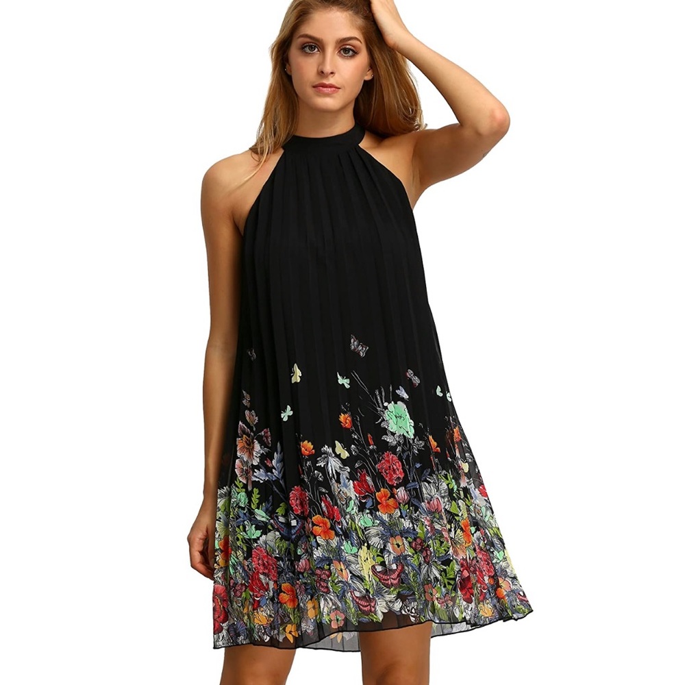 Floral Summer Sleeveless Halter Neck Black Dress - Picture 2 of 11